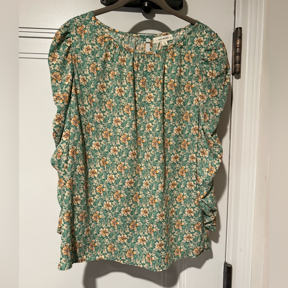 Max Studio Flowered Blouse with Ruched Sleeves